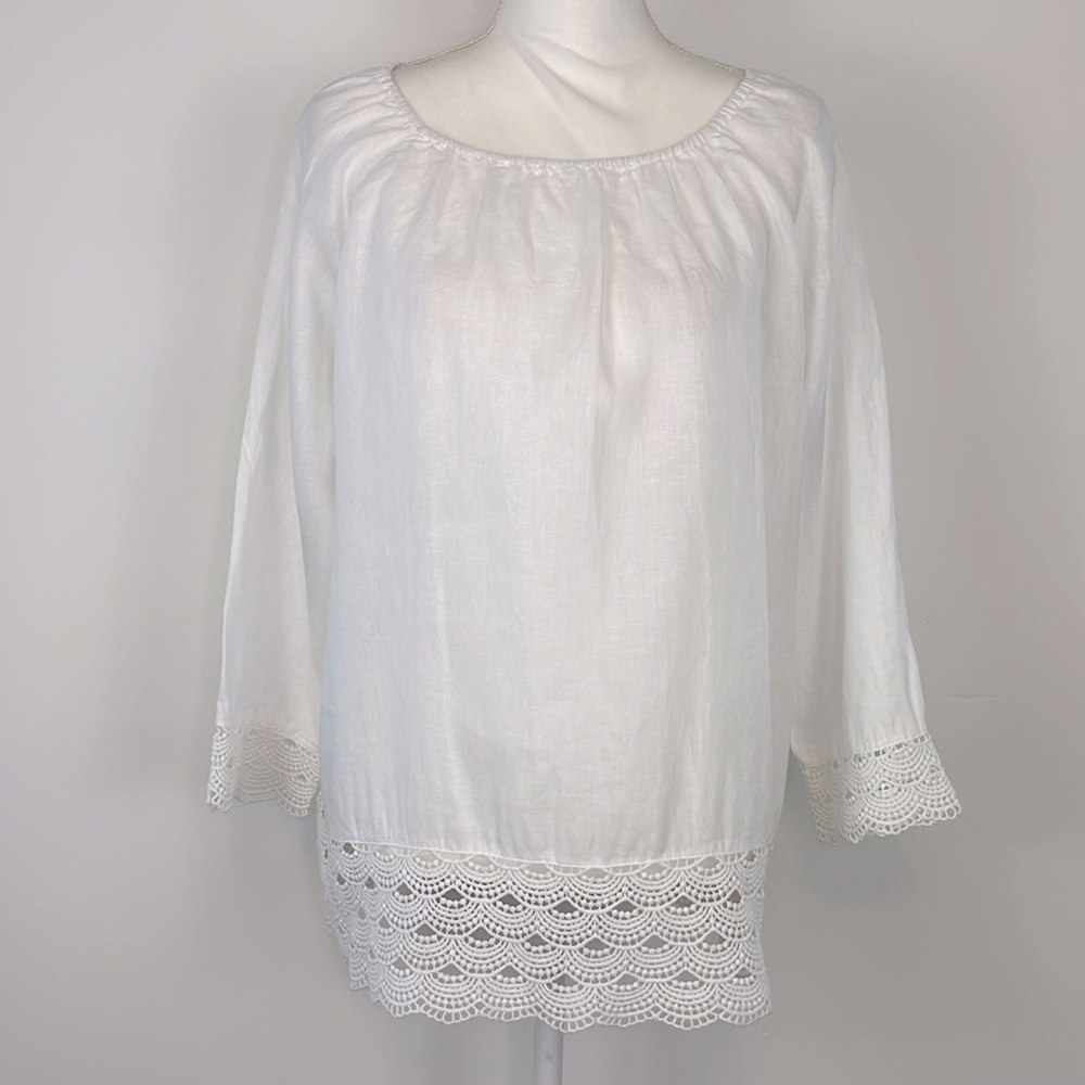 J. Crew Factory White 100% Linen Scalloped Lace Trim Tunic Blouse. Size Large.